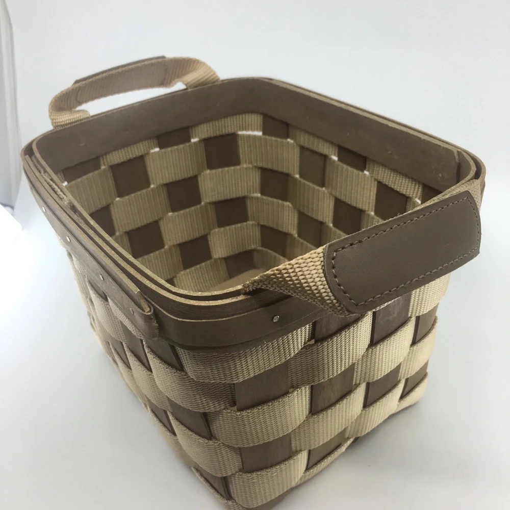 Vintage Longaberger Signed Bring Along Basket Tan Nylon Wood With Side Handles - Picture 7 of 11